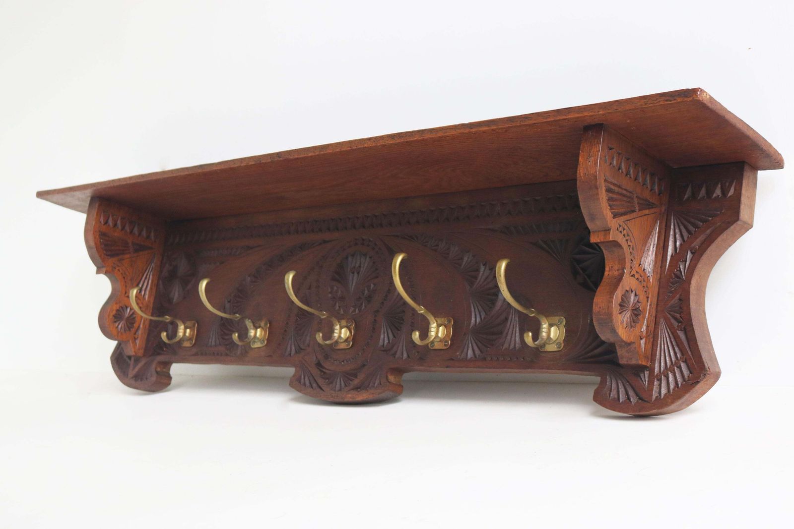 1920 Dutch Arts & Crafts Antique Coat Rack / Hat Rack Chip Carved Wood Folk Art photo Furniture