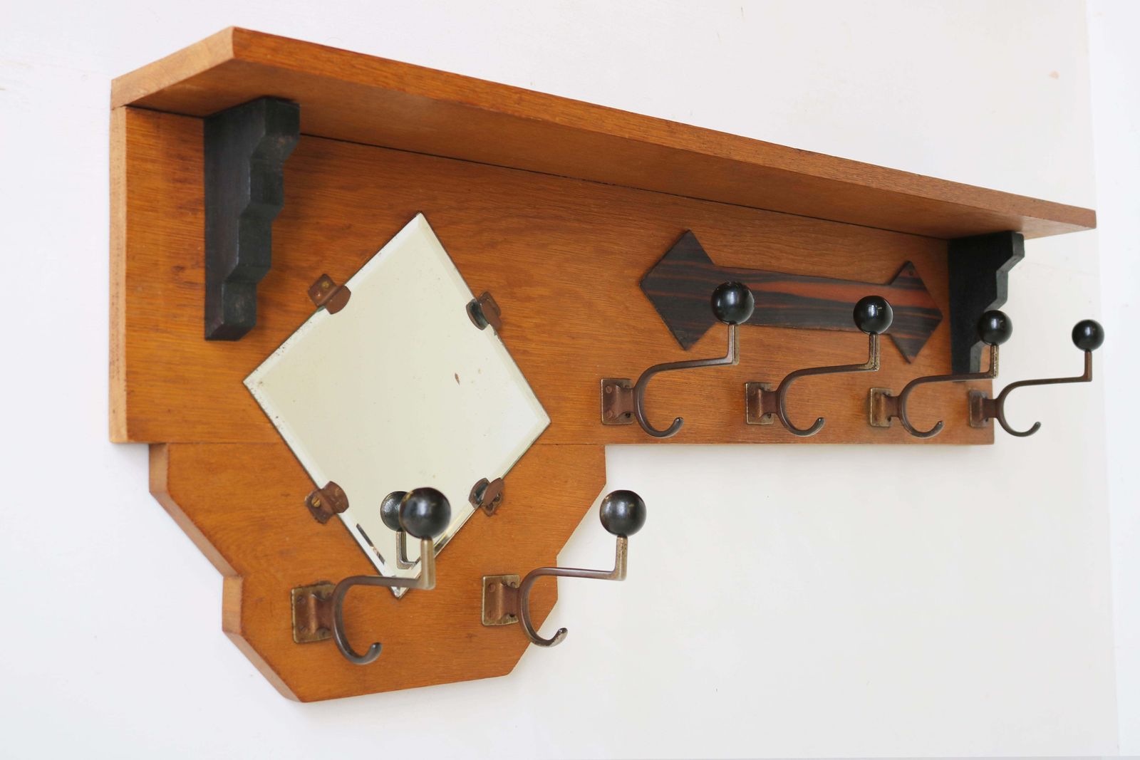 Nederlandse Art Deco Kapstok / Hoedenrek Amsterdam School 1920 – Facetgeslepen Spiegel, Eiken photo Meubels