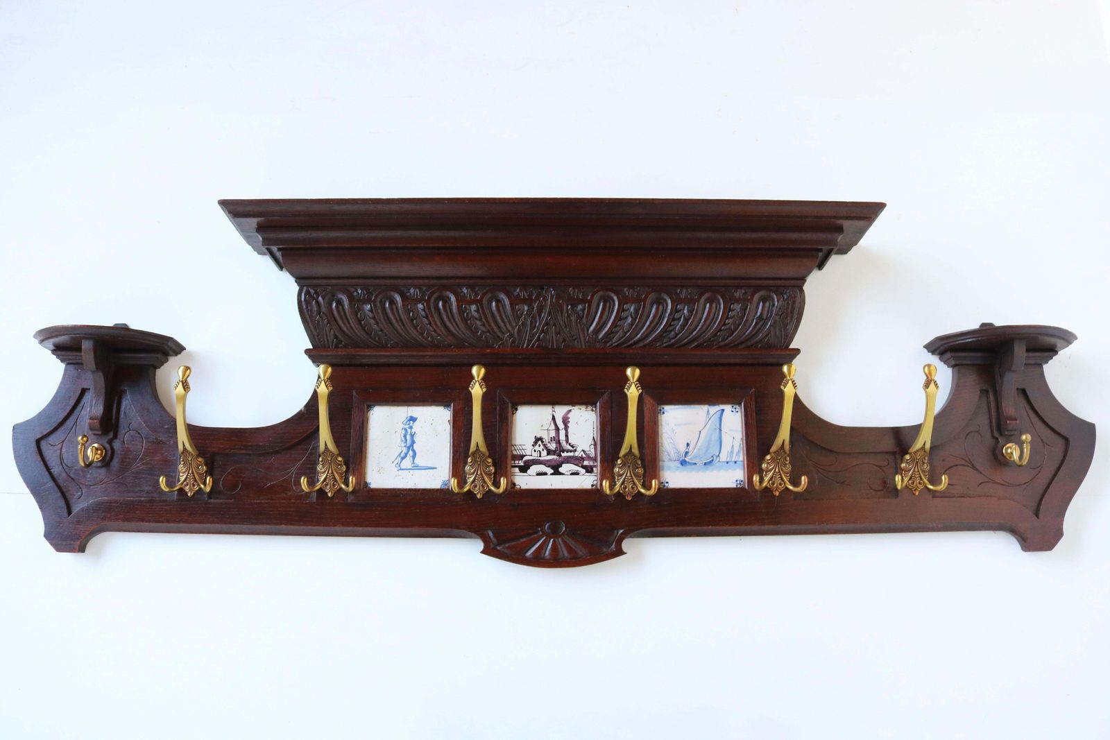 1957.0 Antique Dutch Renaissance Revival Coat Rack 19th Century Delft Blue Tiles Brass photo