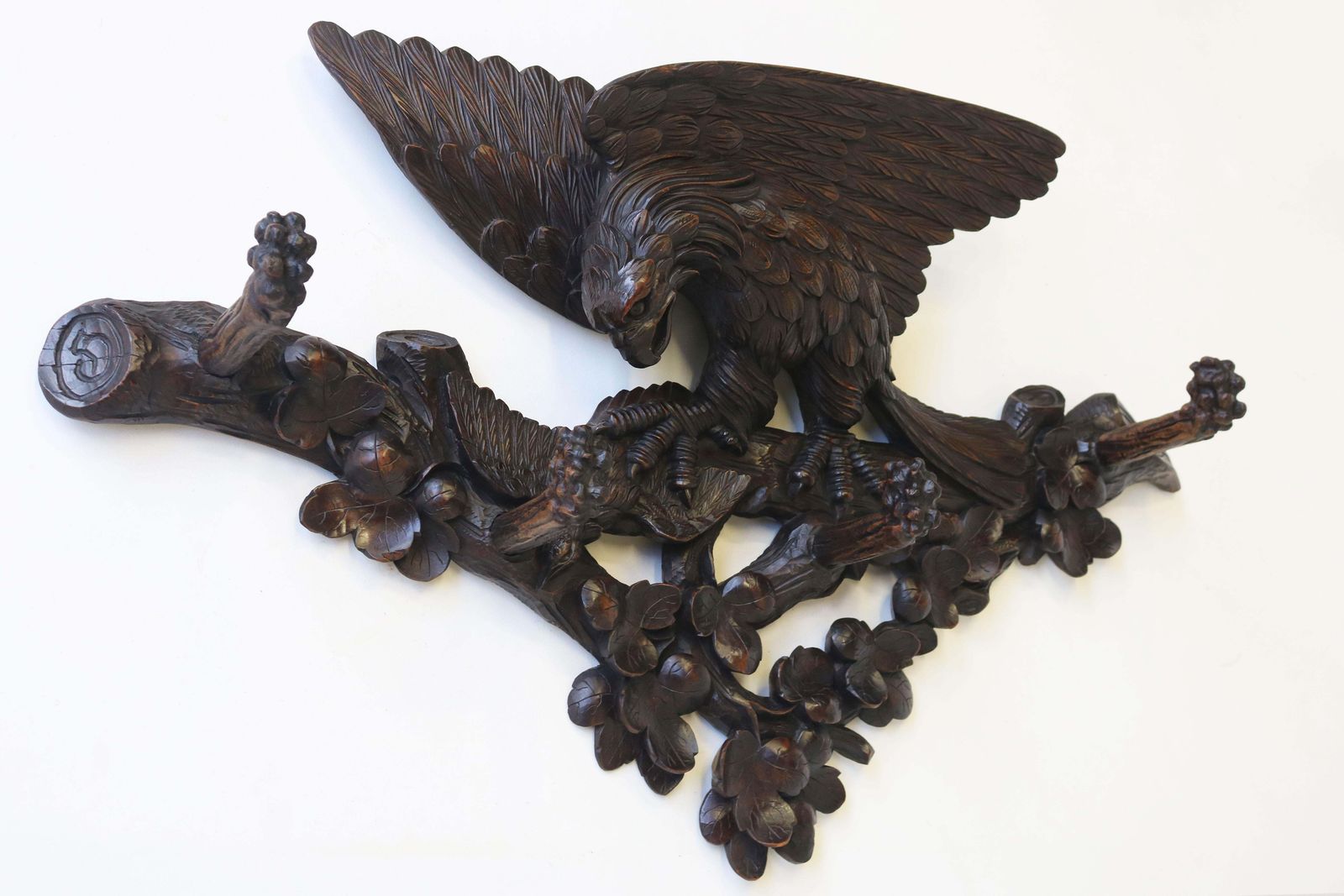 Exquisite 19th Century Swiss Black Forest Coat Rack Carved Eagle Hallway Antique photo furniture