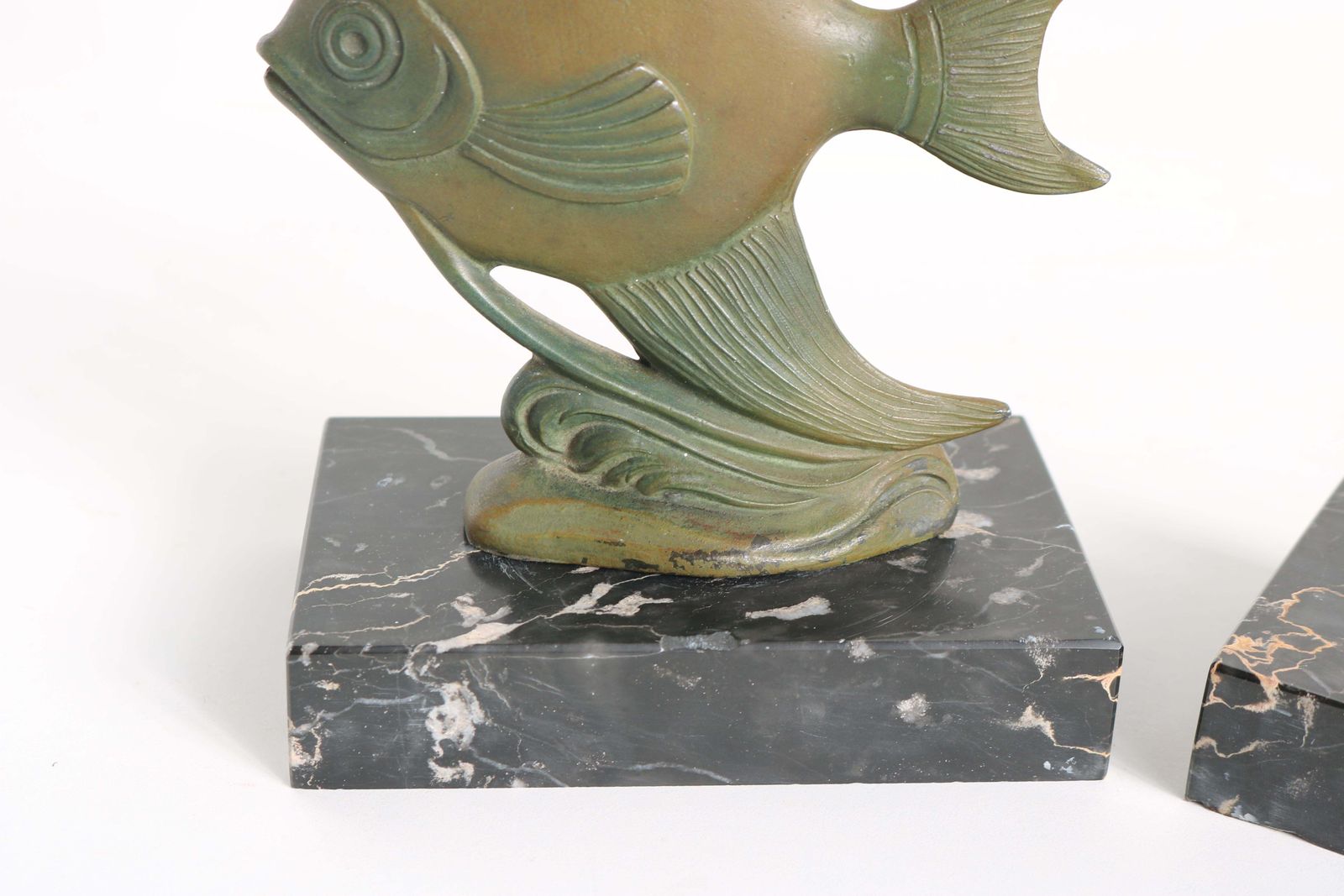 Antique French Art Deco Bookends Angelfish 1930 Black Marble Spelter Moonfish photo vintage