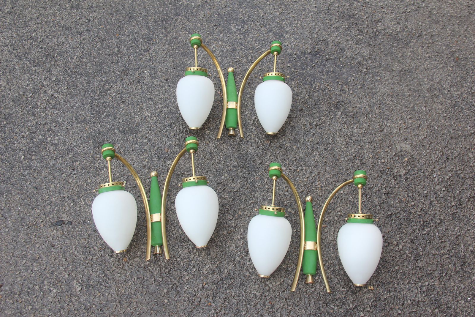 Stilnovo Midcentury White Glass Green And Golden Brass Italian Sconces, 1950s photo furniture