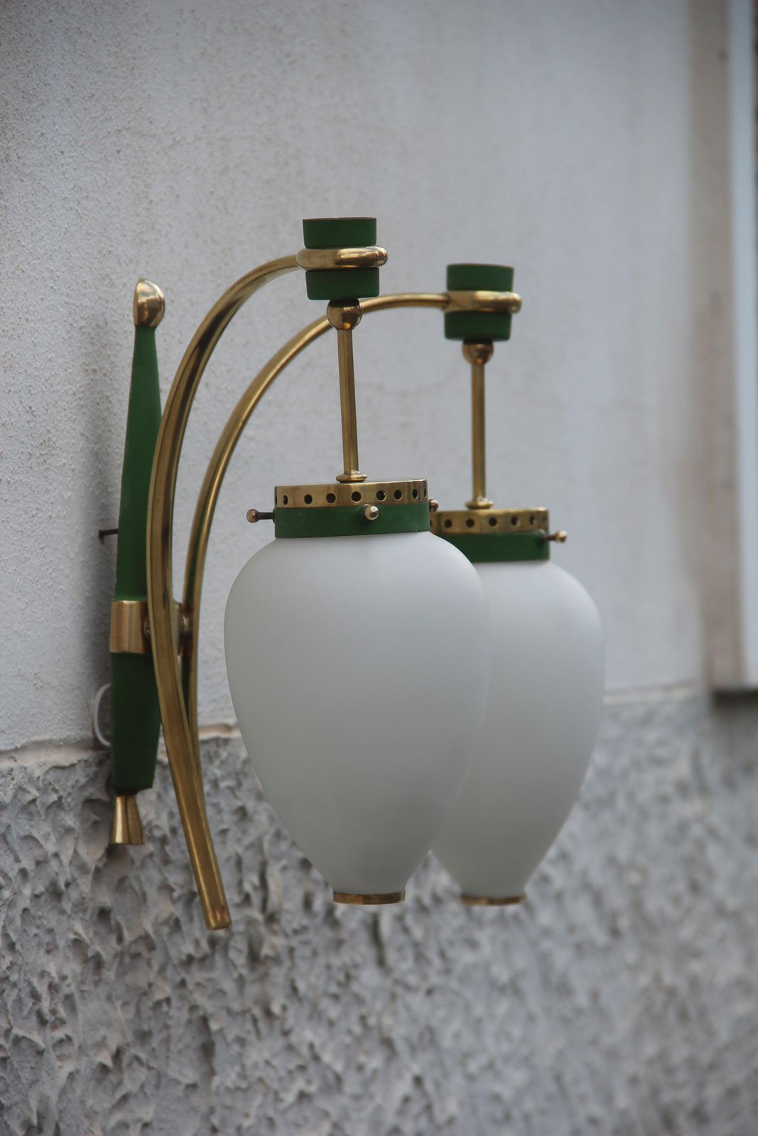 Stilnovo Midcentury White Glass Green And Golden Brass Italian Sconces, 1950s photo Lighting