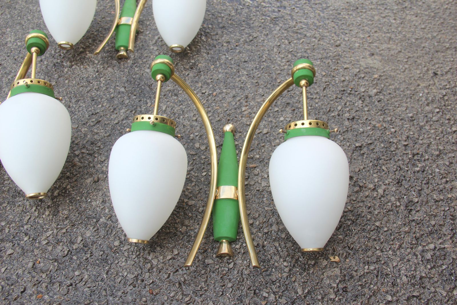 Stilnovo Midcentury White Glass Green And Golden Brass Italian Sconces, 1950s photo vinterior