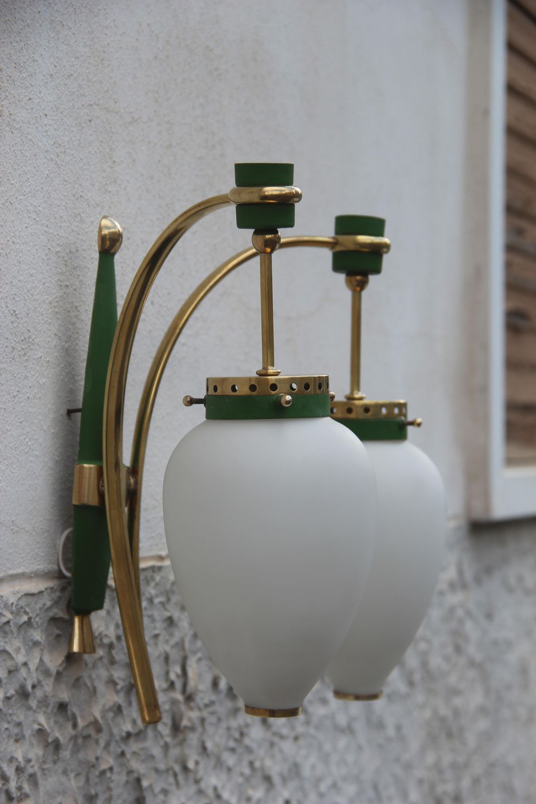 Lighting Stilnovo Midcentury White Glass Green And Golden Brass Italian Sconces, 1950s photo