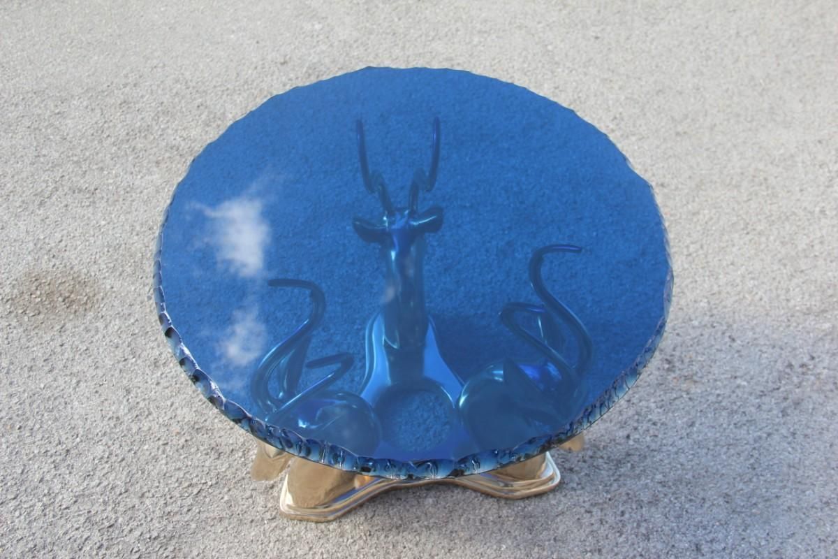 Midcentury Round Blue Cobalt Italian Brass Deer Top Thick Crystal 1960 Chipped photo furniture