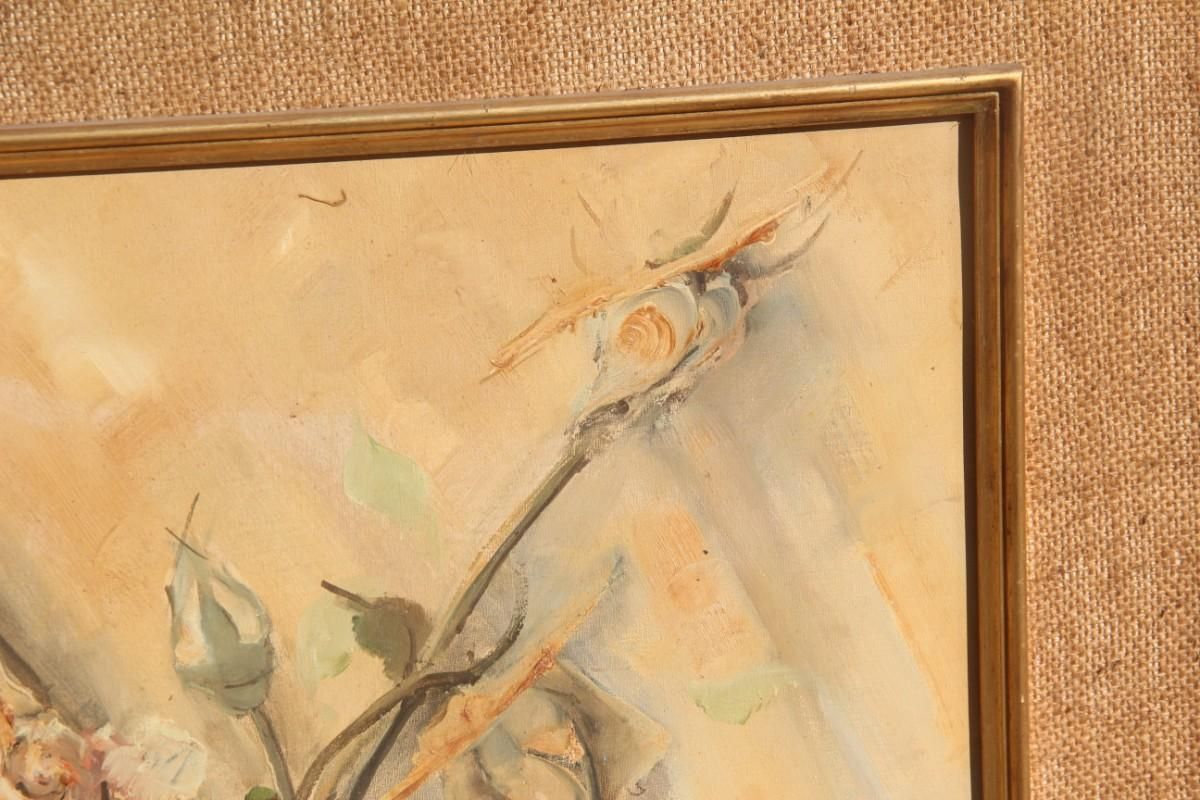 Depisis Style Midcentury Oil Panting Vase Rose Flowers 1940s Classic Frame photo for sale