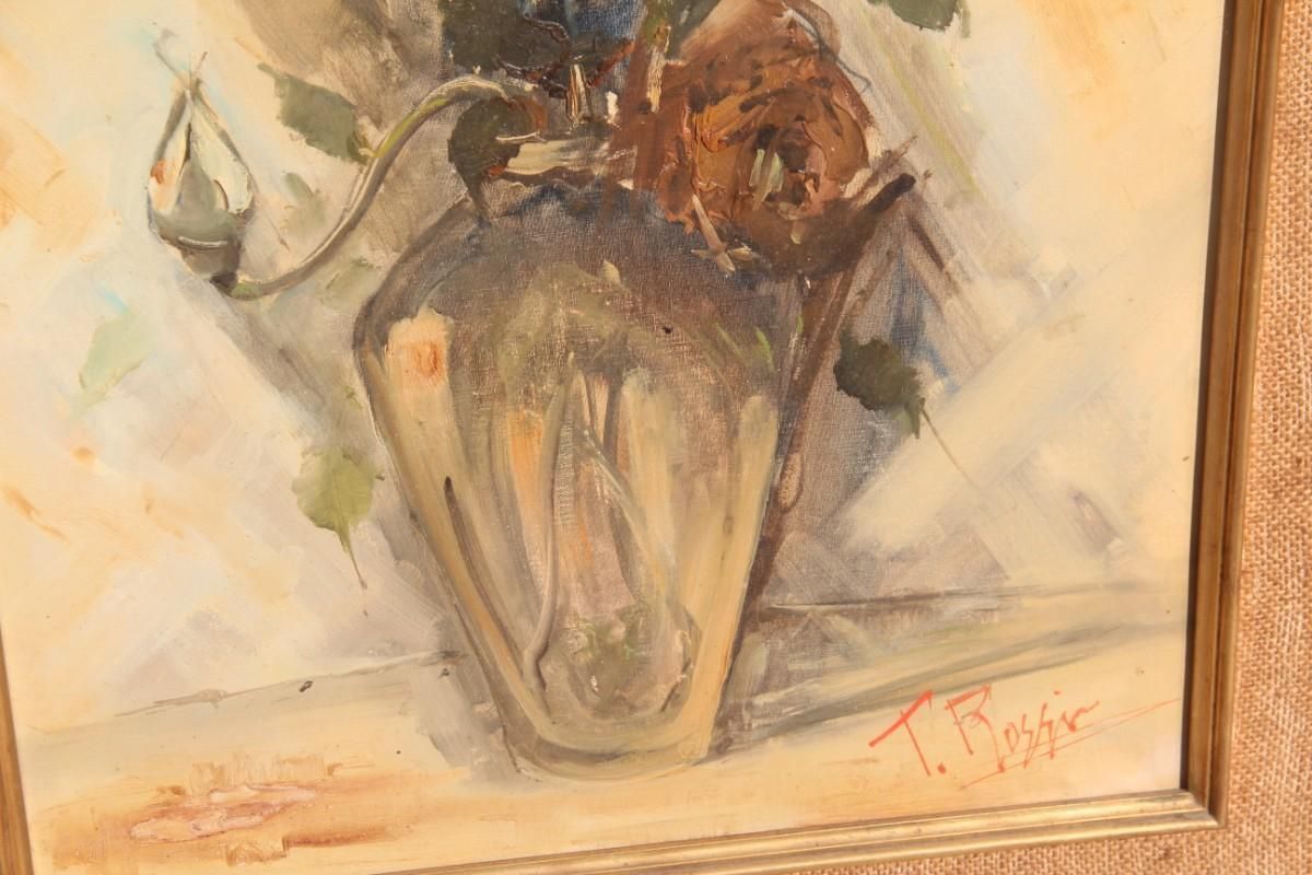 Depisis Style Midcentury Oil Panting Vase Rose Flowers 1940s Classic Frame photo 1440.0