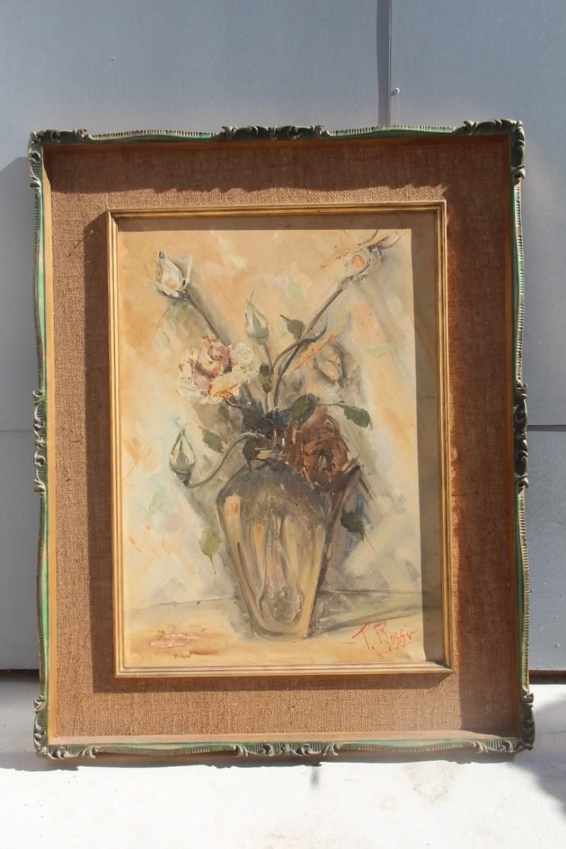 Depisis Style Midcentury Oil Panting Vase Rose Flowers 1940s Classic Frame photo buy