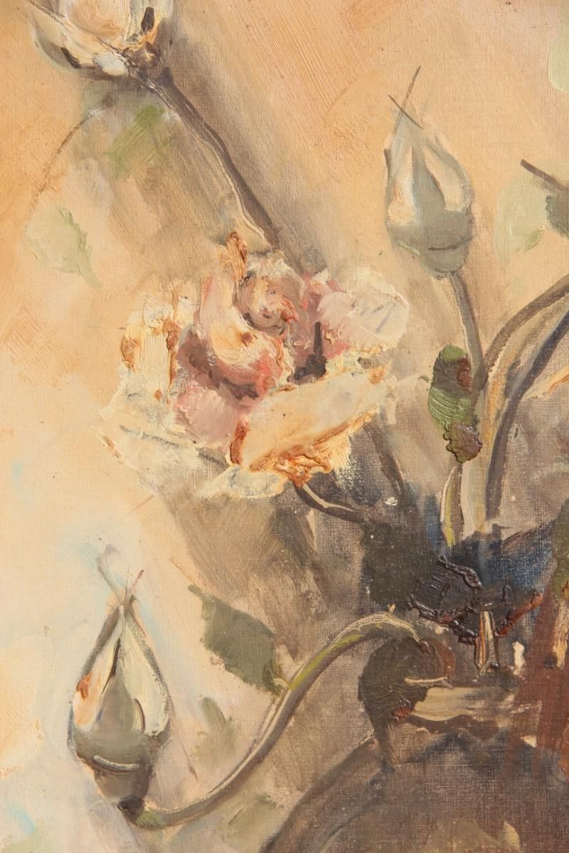 photo furniture Depisis Style Midcentury Oil Panting Vase Rose Flowers 1940s Classic Frame