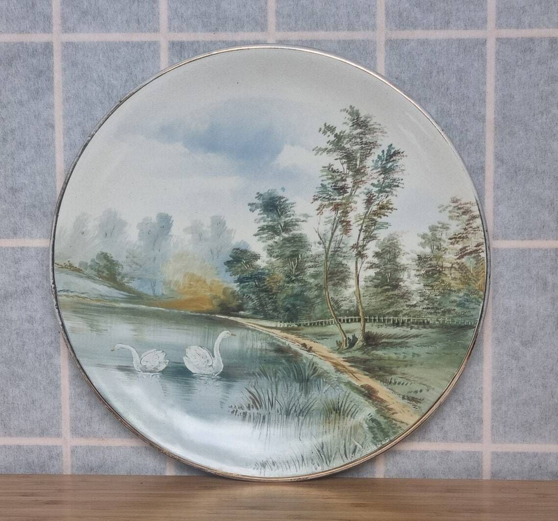 Hand Painted Swan Plates  Hartgould Signed Pair  Vintage Lake Scene Porcelain  10 Inch Display Art Set photo Home Decor