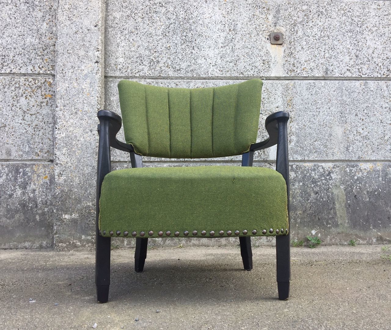 Danish Black Wooden And Green Wool Curved Easy Chair, 1940s photo furniture