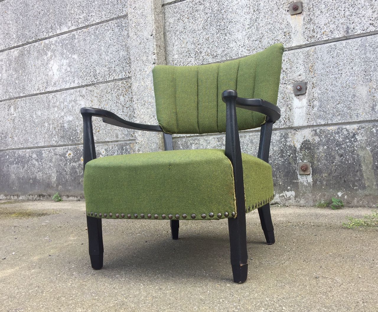 Danish Black Wooden And Green Wool Curved Easy Chair, 1940s photo for sale