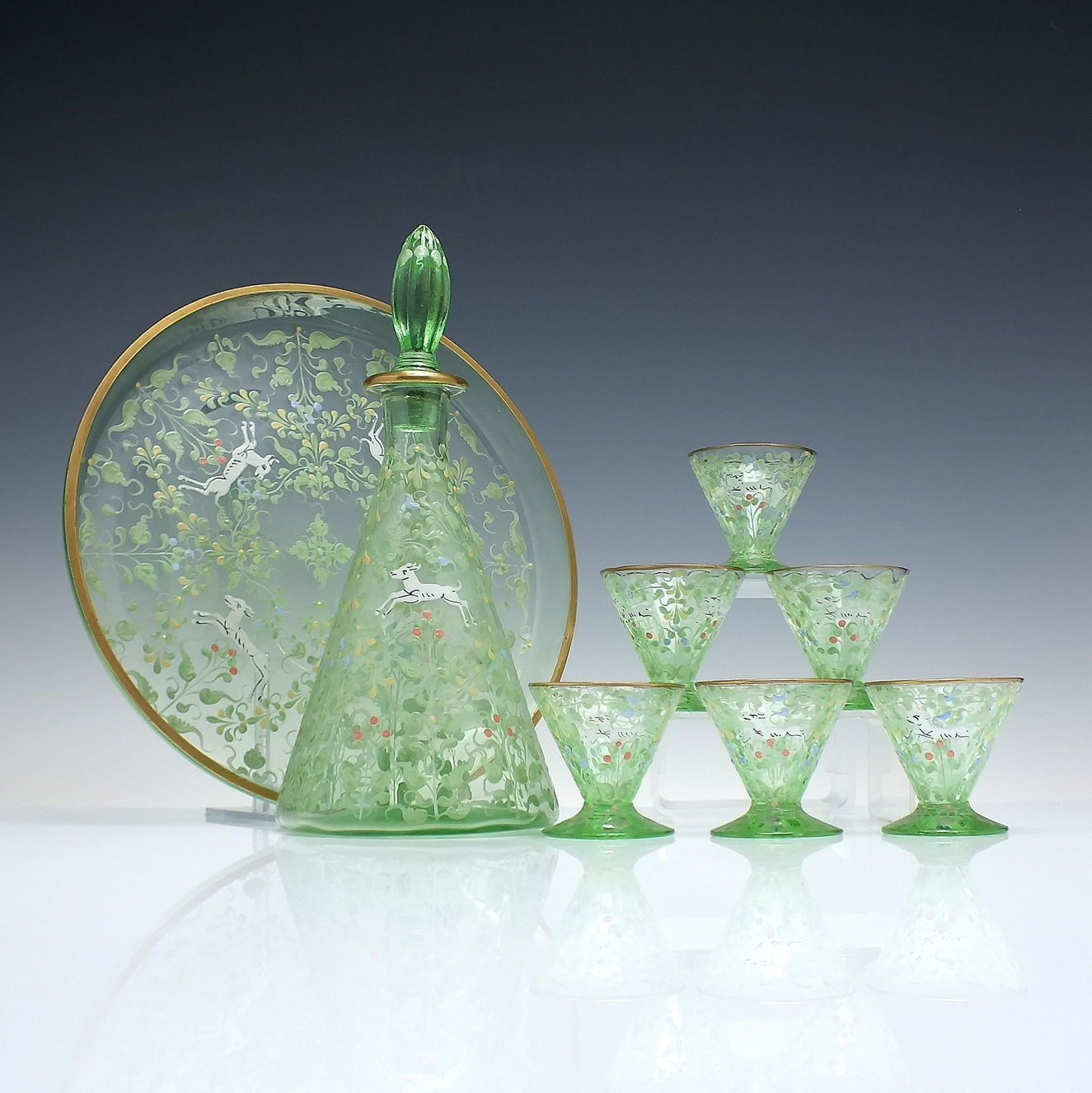 Rare Antique Moser Enamelled Decanter, Six Glasses And Tray, Glass By Salviati C1900
