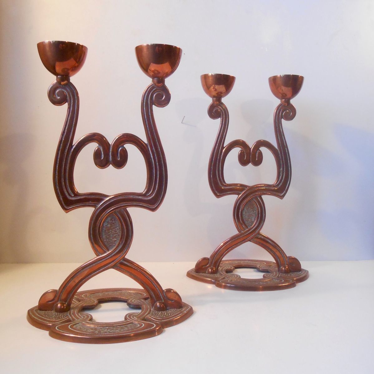 Antique Danish Art Nouveau Copper Candelabras, Set Of 2