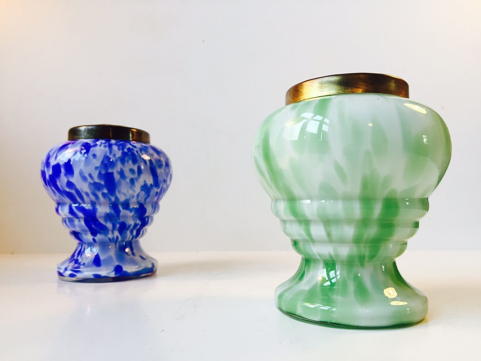 Czech Art Glass Vases With Brass Wire Mesh By Ruckl, Set Of 2