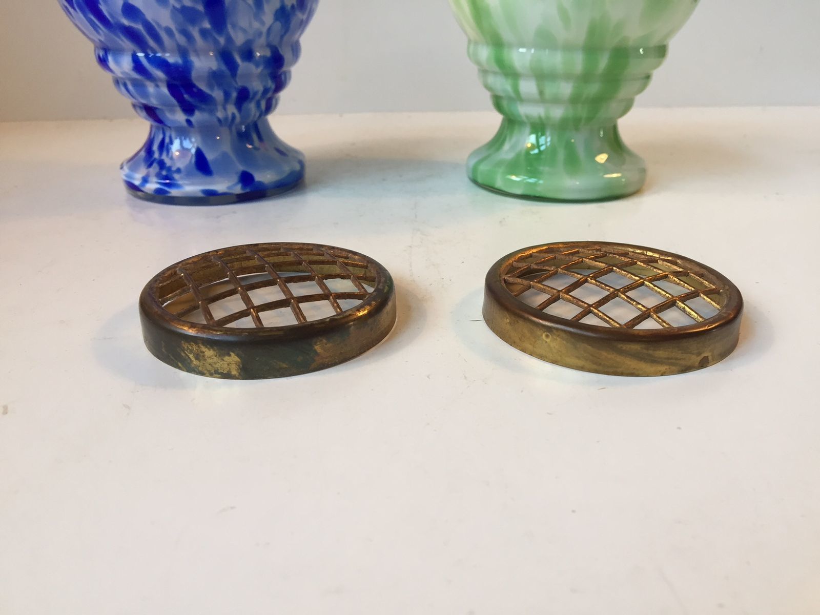 Czech Art Glass Vases With Brass Wire Mesh By Ruckl, Set Of 2 photo buy
