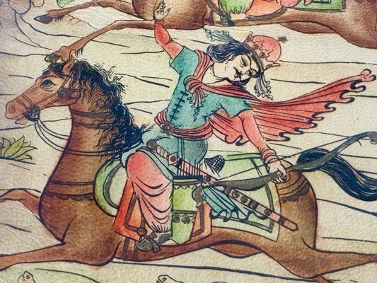 Vintage Middle Eastern Scroll Painting On Leather, 1950s photo for sale
