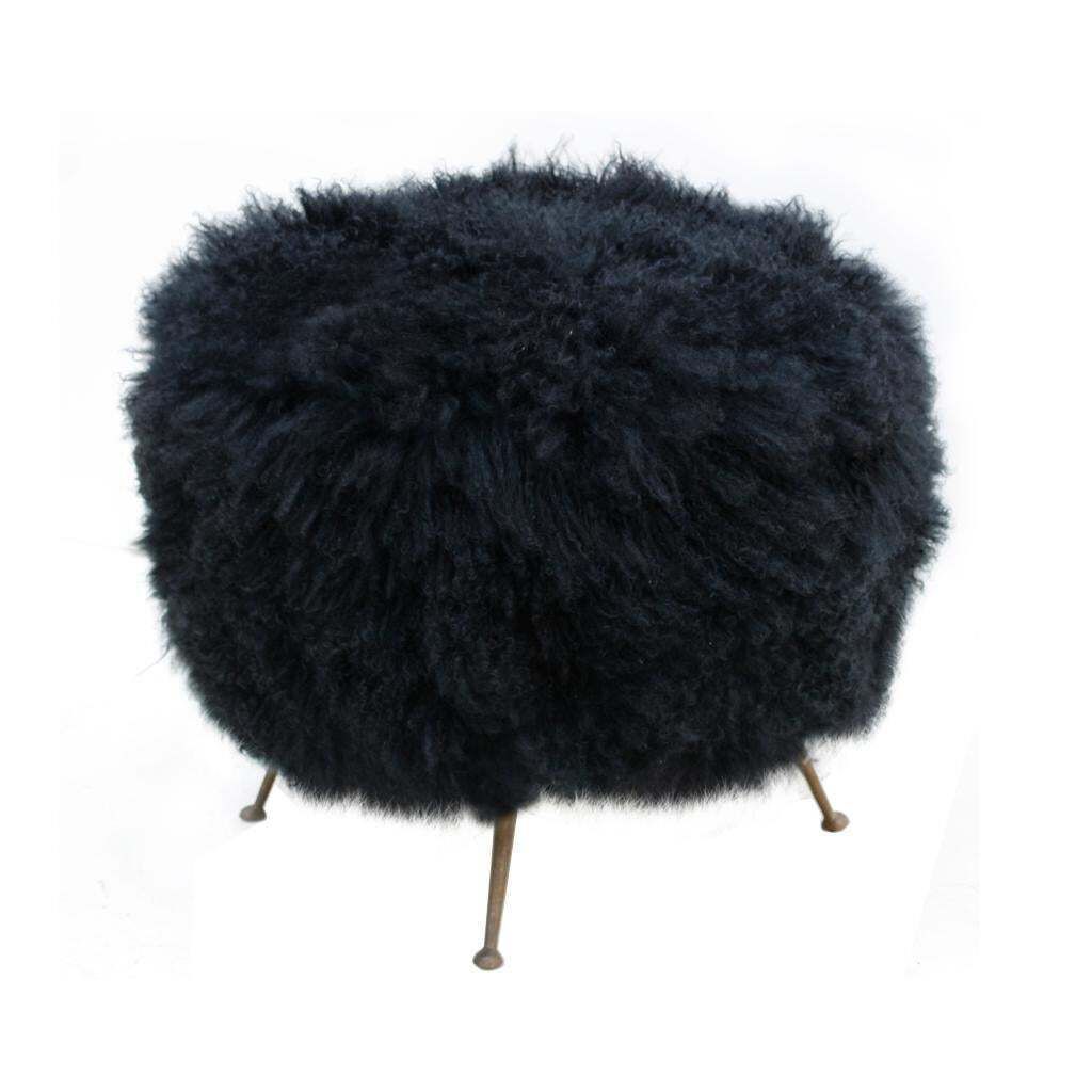 Mid Century Modern Mongolian Goat Fur Round Footstool, Italy, 1950s photo Furniture