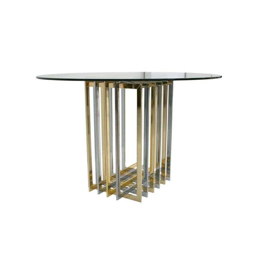Contemporary Brass And Chrome Structure Glass Top Italian Table photo for sale