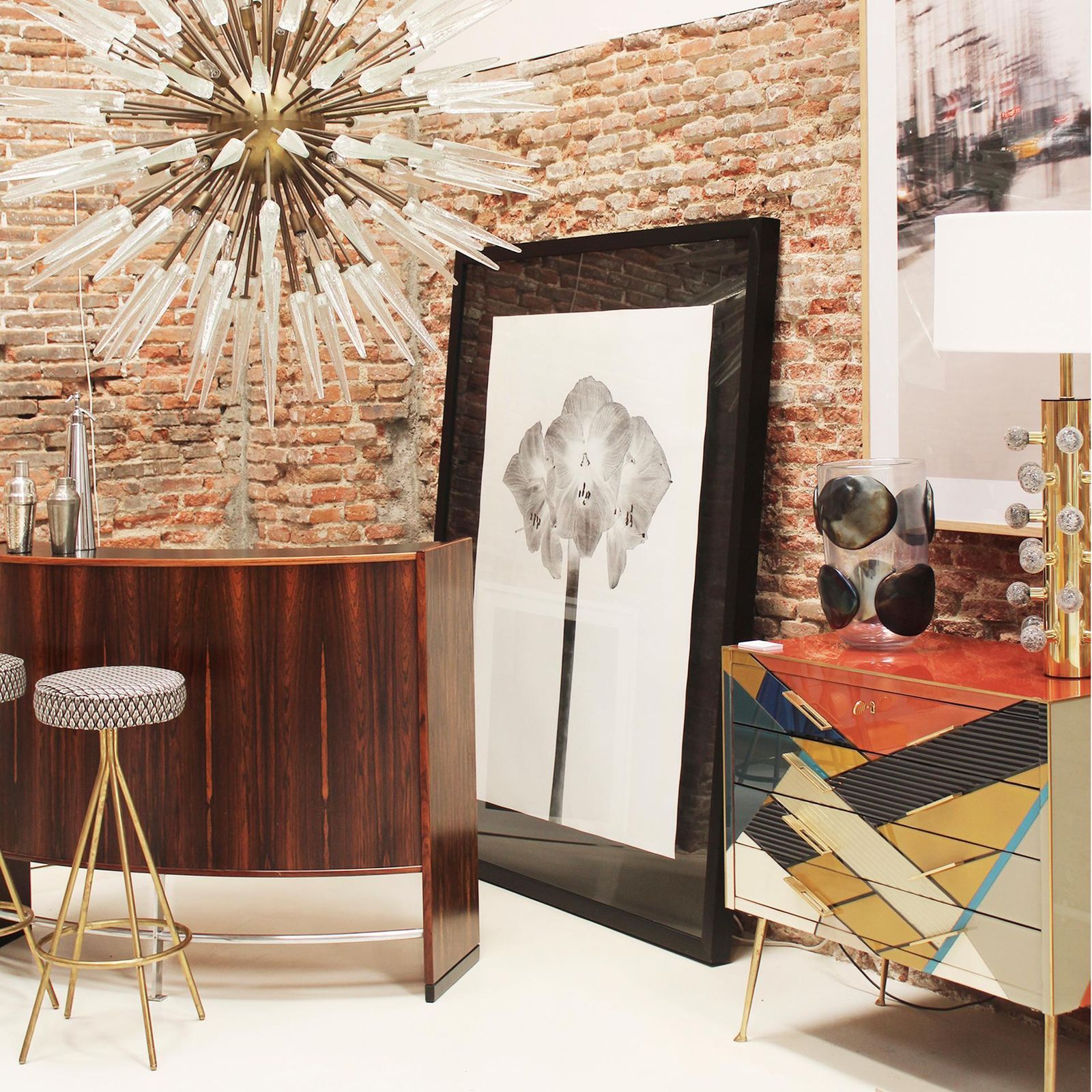 Midcentury Style Circular Brass And Cotton Velvet Italian Bar Stools photo vintage