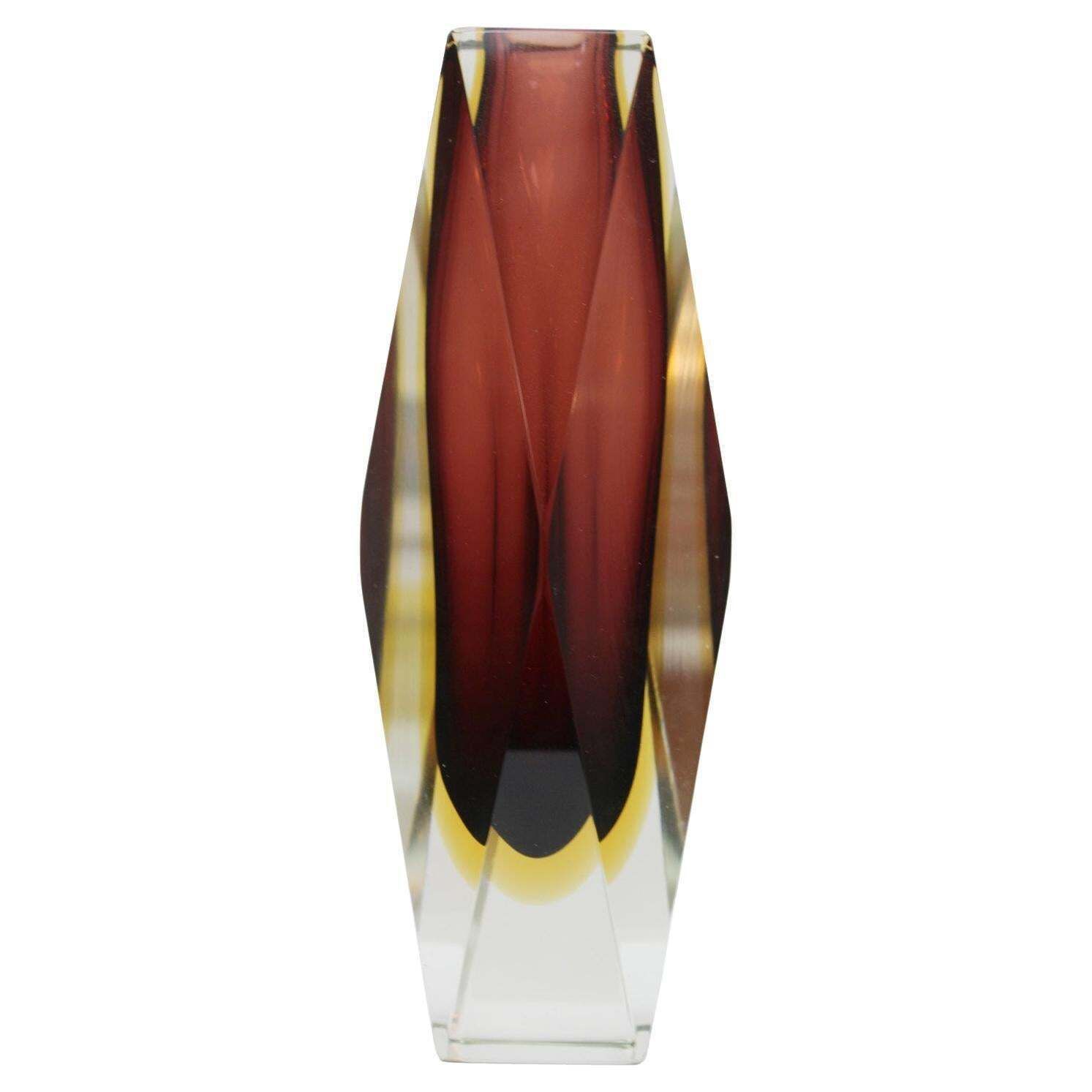 Mid Century Modern Brown And Yellow Murano Glass Vase 1960
