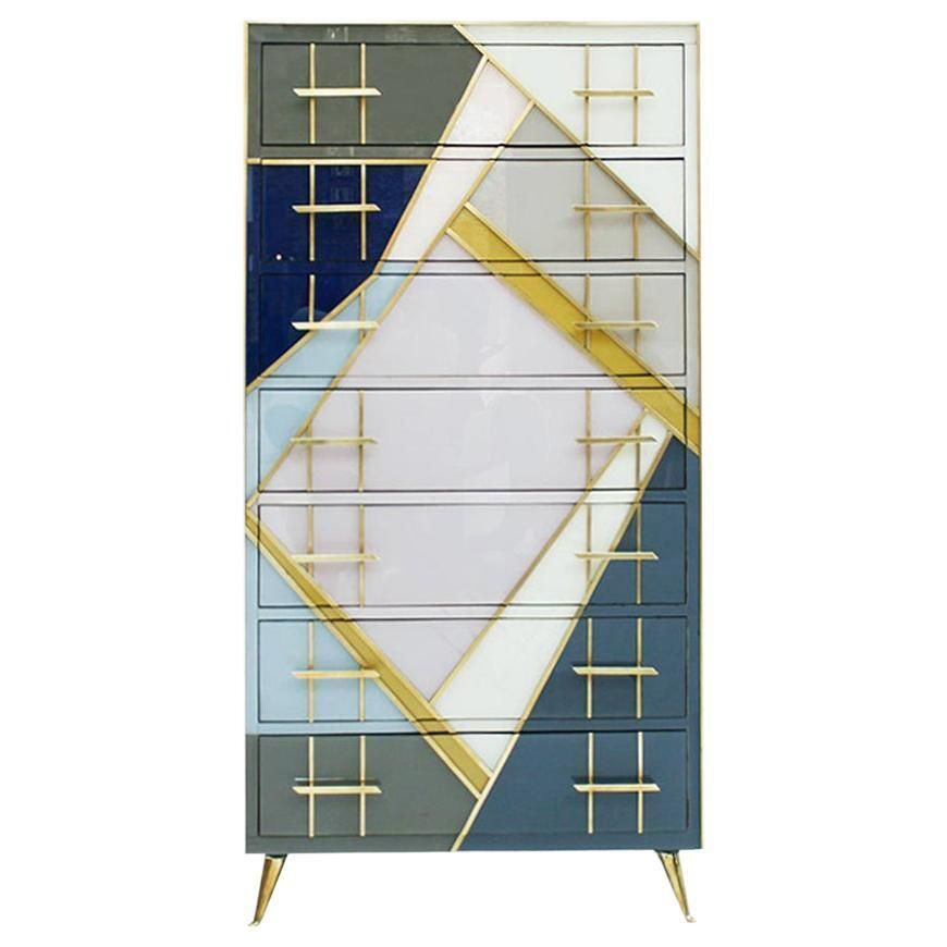 Mid Century Modern Style Murano Glass And Brass Italian Commode