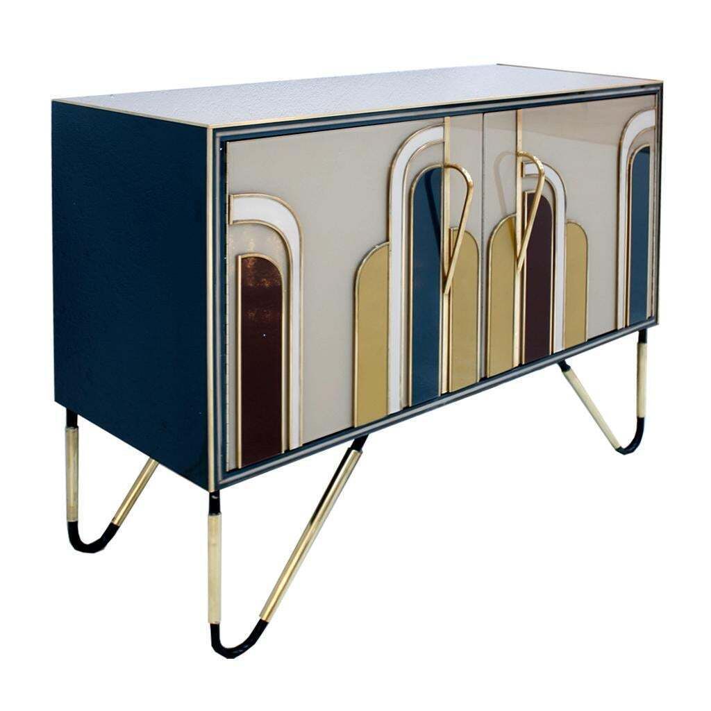 Mid Century Modern Style Solid Wood And Colored Glass Pair Of Italian Sideboards photo for sale