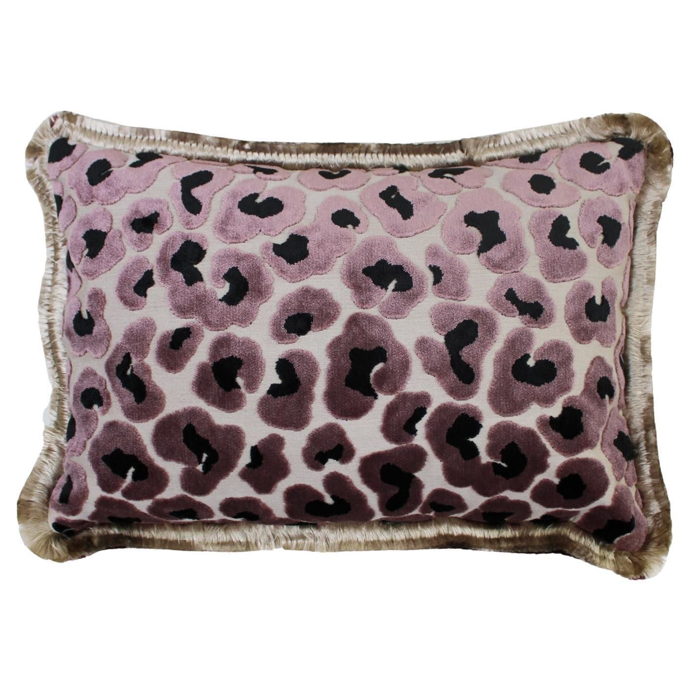 Leopard Print Velvet Cushion In Cotton With Double Tinsel Trim And Linen Back