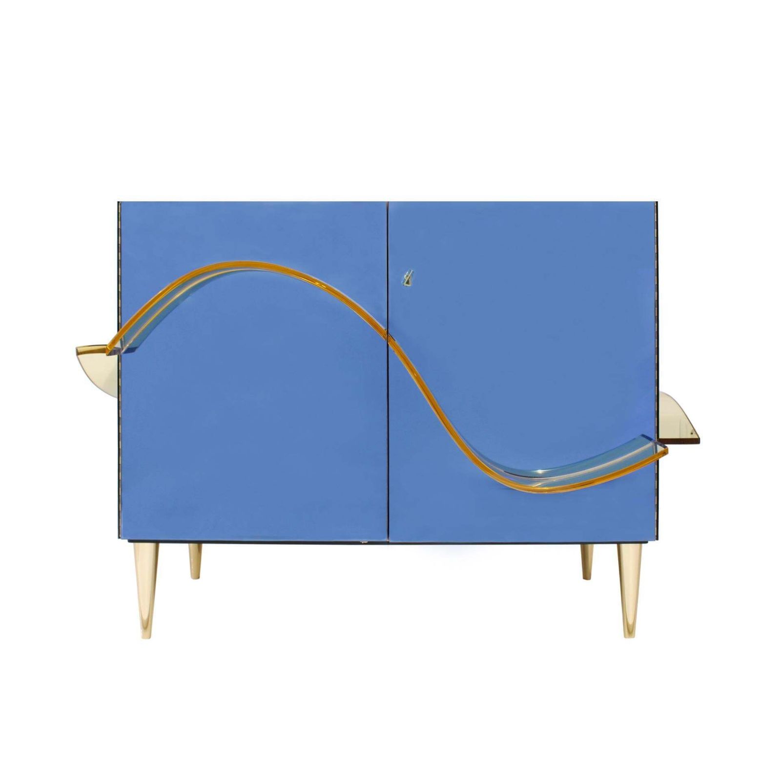 Contemporary Blue Murano Glass Mirror And Brass Pair Of Italian Cabinets photo for sale