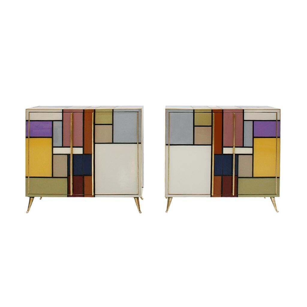 Mid Century Modern Solid Wood And Colored Glass Italian Pair Of Sideboards photo furniture