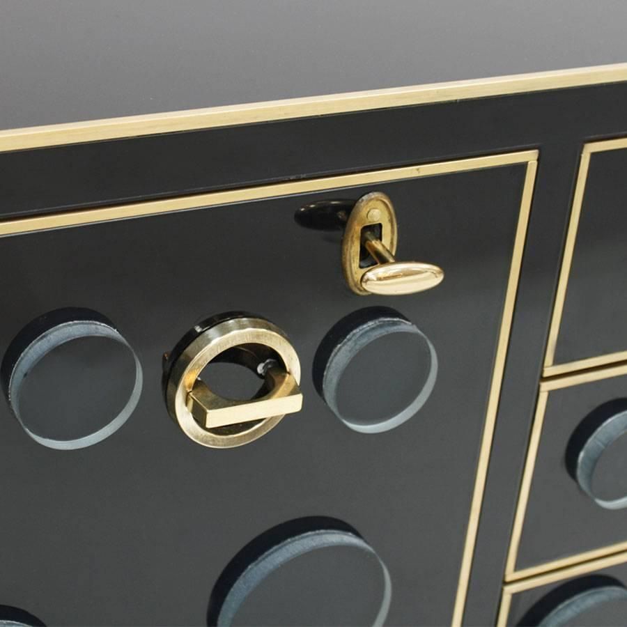 Mid Century Modern Style Made Of Wood, Dark Glass And Brass Italian Sideboard photo for sale