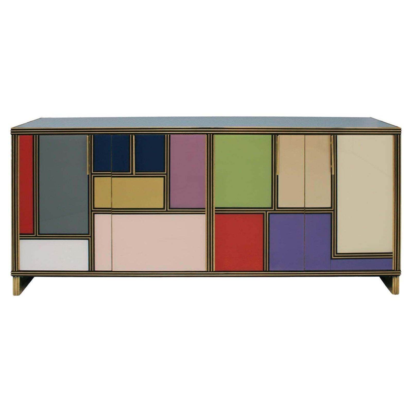 Mid Century Modern Style Wood Colored Glass And Brass Italian Sideboard