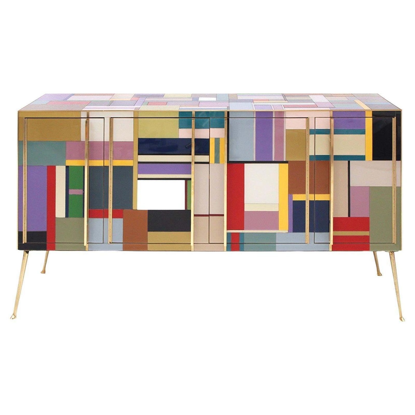 Mid Century Sideboard, Newly Retrofitted In Colored Glass An Brass, Italy