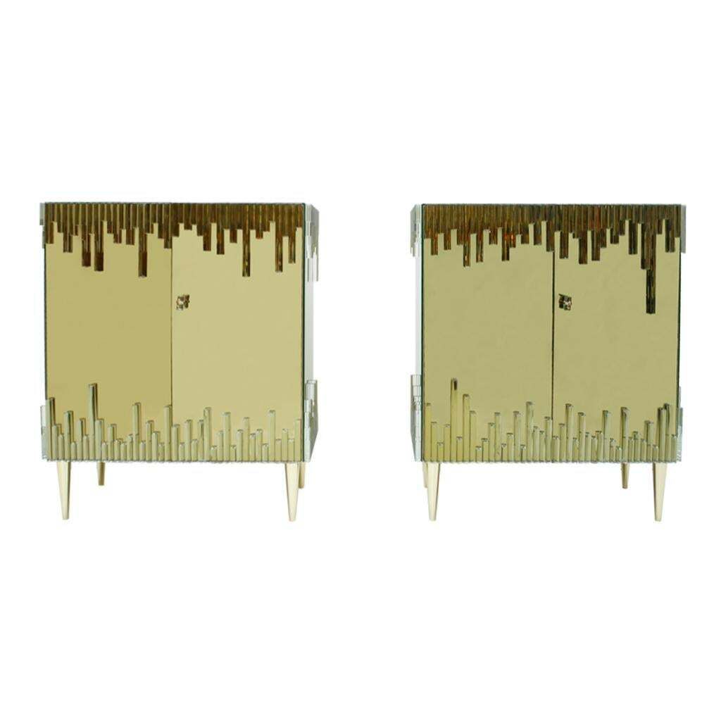 Mid Century Modern Style Glass And Golden Mirror Pair Of Italian Sideboards photo for sale