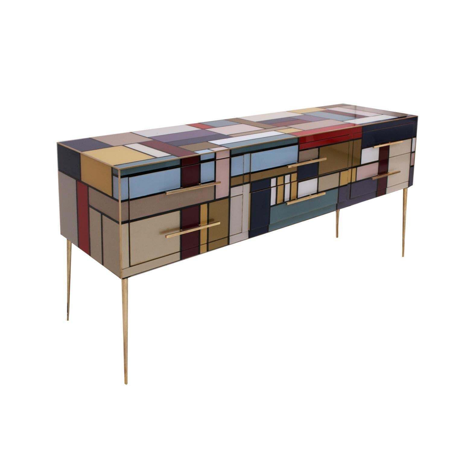 Murano Coloured Glass And Brass Sideboard Composed Of 6 Drawers photo for sale