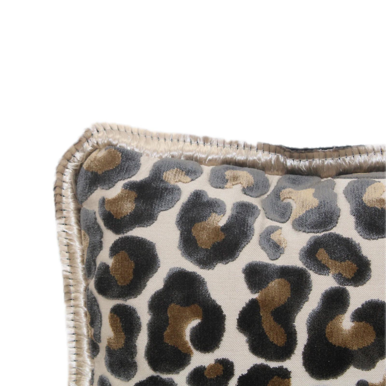 Leopard Print Velvet Cushion In Cotton With Double Tinsel Trim And Linen Back photo Textiles