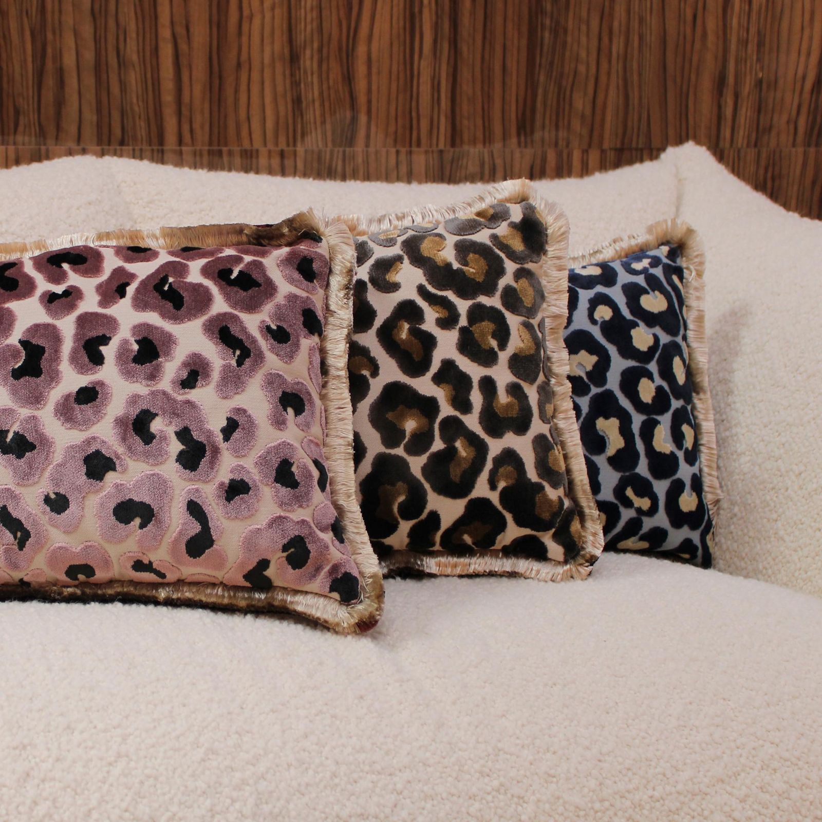 Leopard Print Velvet Cushion In Cotton With Double Tinsel Trim And Linen Back photo buy