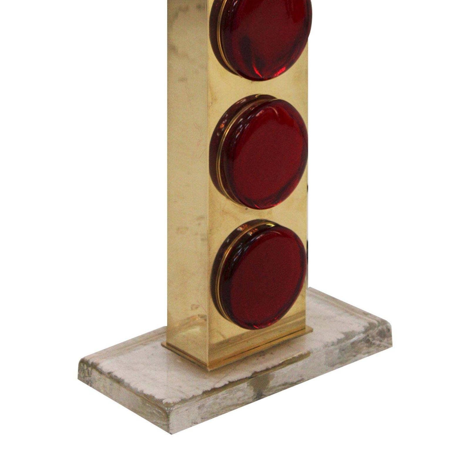 Pair Of Italian Table Lamps With Brass Structure And Red Murano Circular Glasses photo Lighting