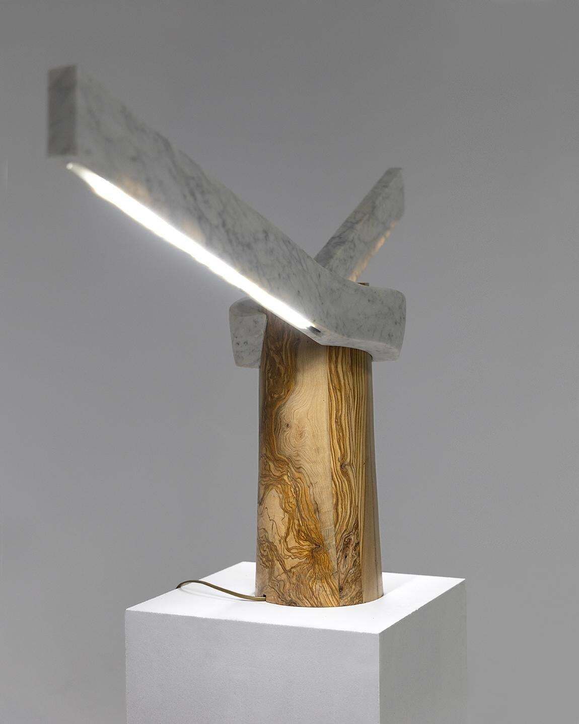 photo furniture Sculptural Lamp Designed By Carlos Aucejo, Made Of Marble And Wood.