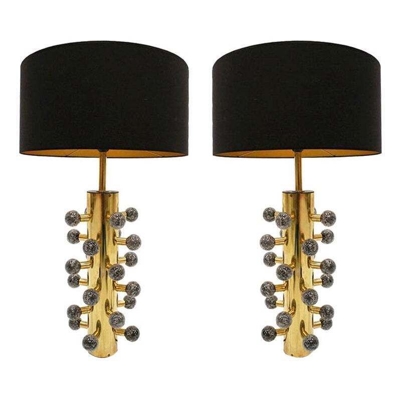 Pair Of Contemporary Brass And Grey Couloured Murano Glass Table Lamps