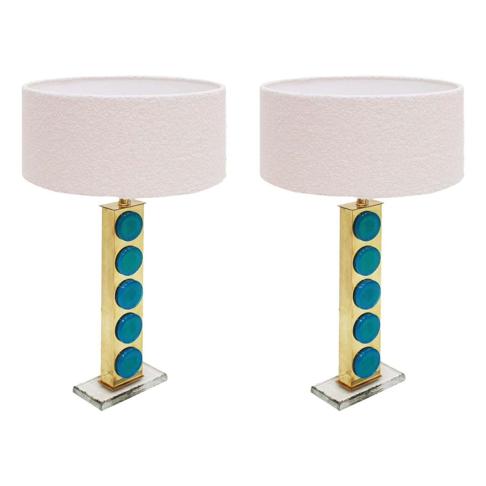 Mid Century Modern Style Light Blue Murano Glass And Brass Pair Of Table Lamps