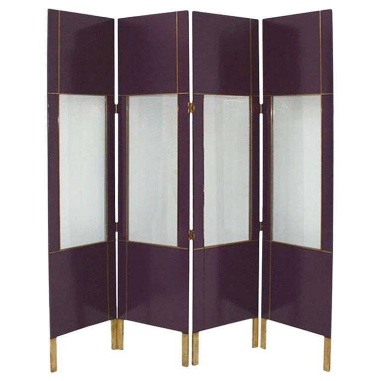 Mid Century Modern Purple Wood Gold Brass Italian Screen Divider