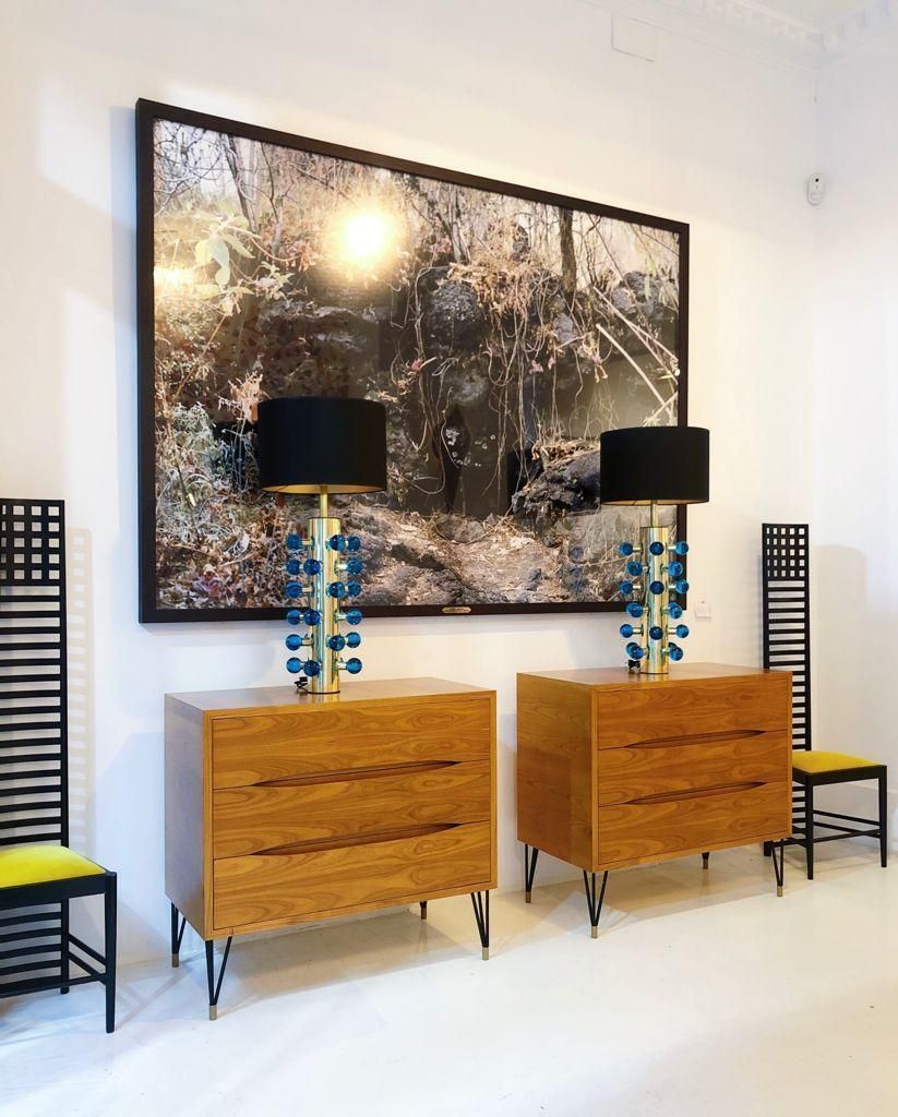 photo furniture Mid Century Modern Style Pair Of Brass And Blue Murano Glass Italian Table Lamps