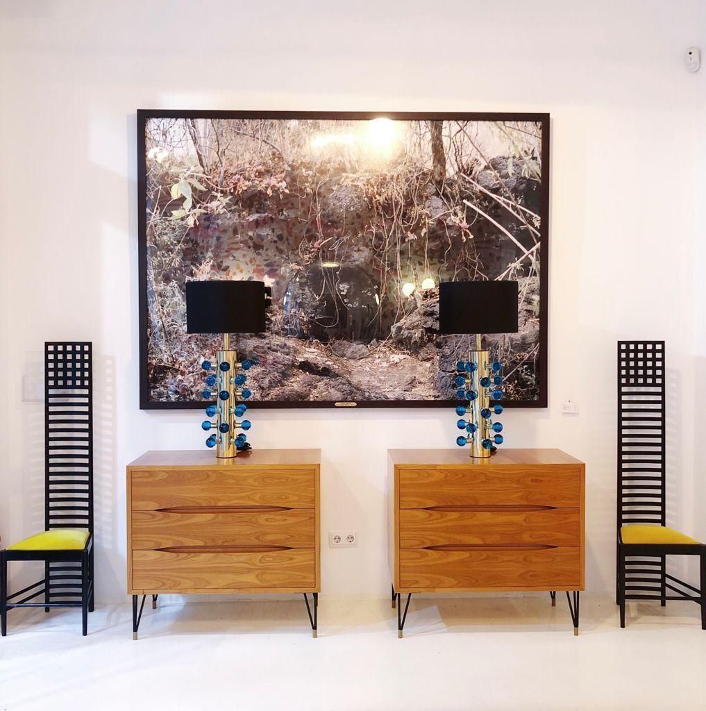photo for sale Mid Century Modern Style Pair Of Brass And Blue Murano Glass Italian Table Lamps