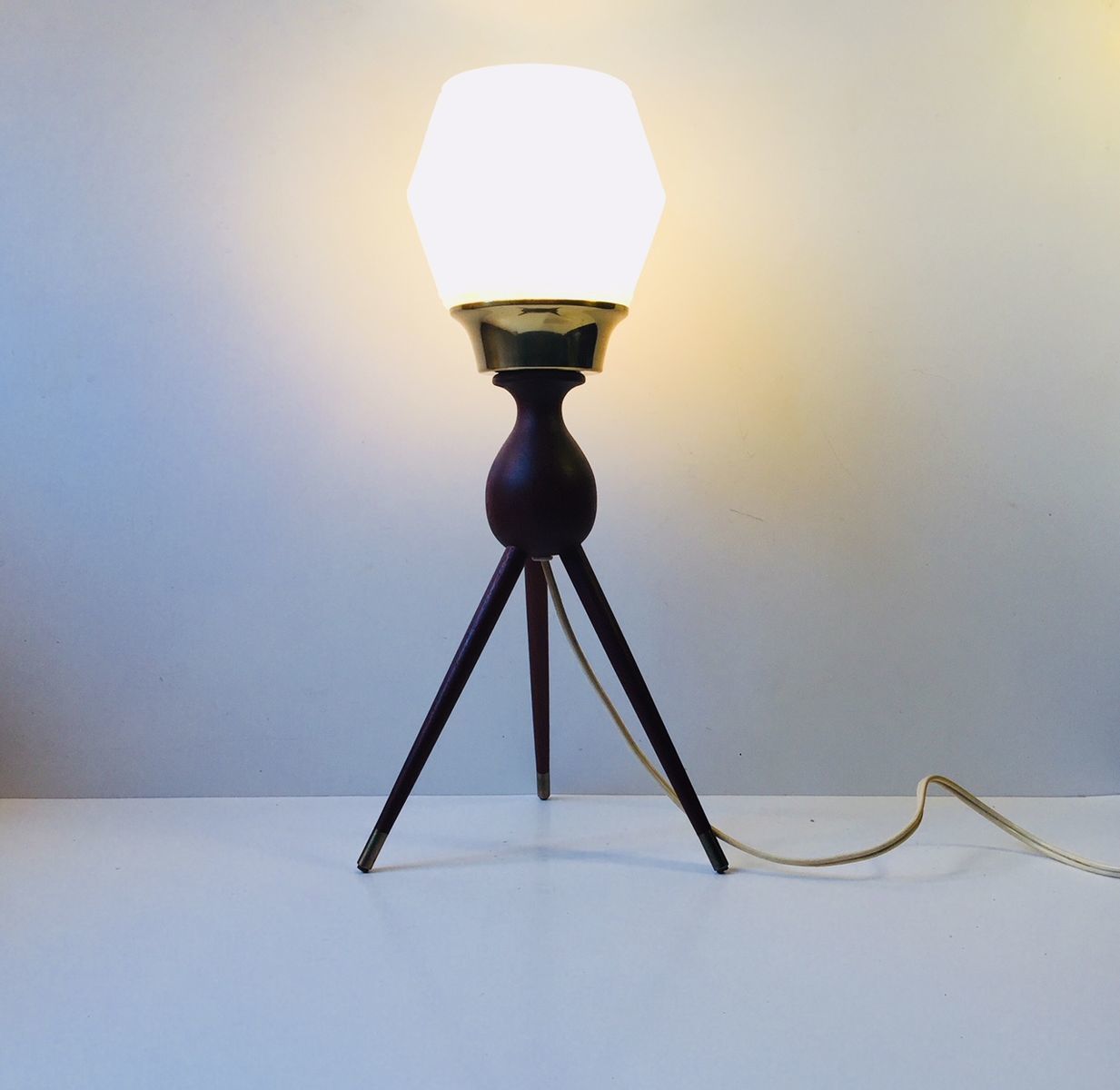 Mid Century Danish Tripod Table Lamp In Teak, Brass & Glass, 1950s photo furniture