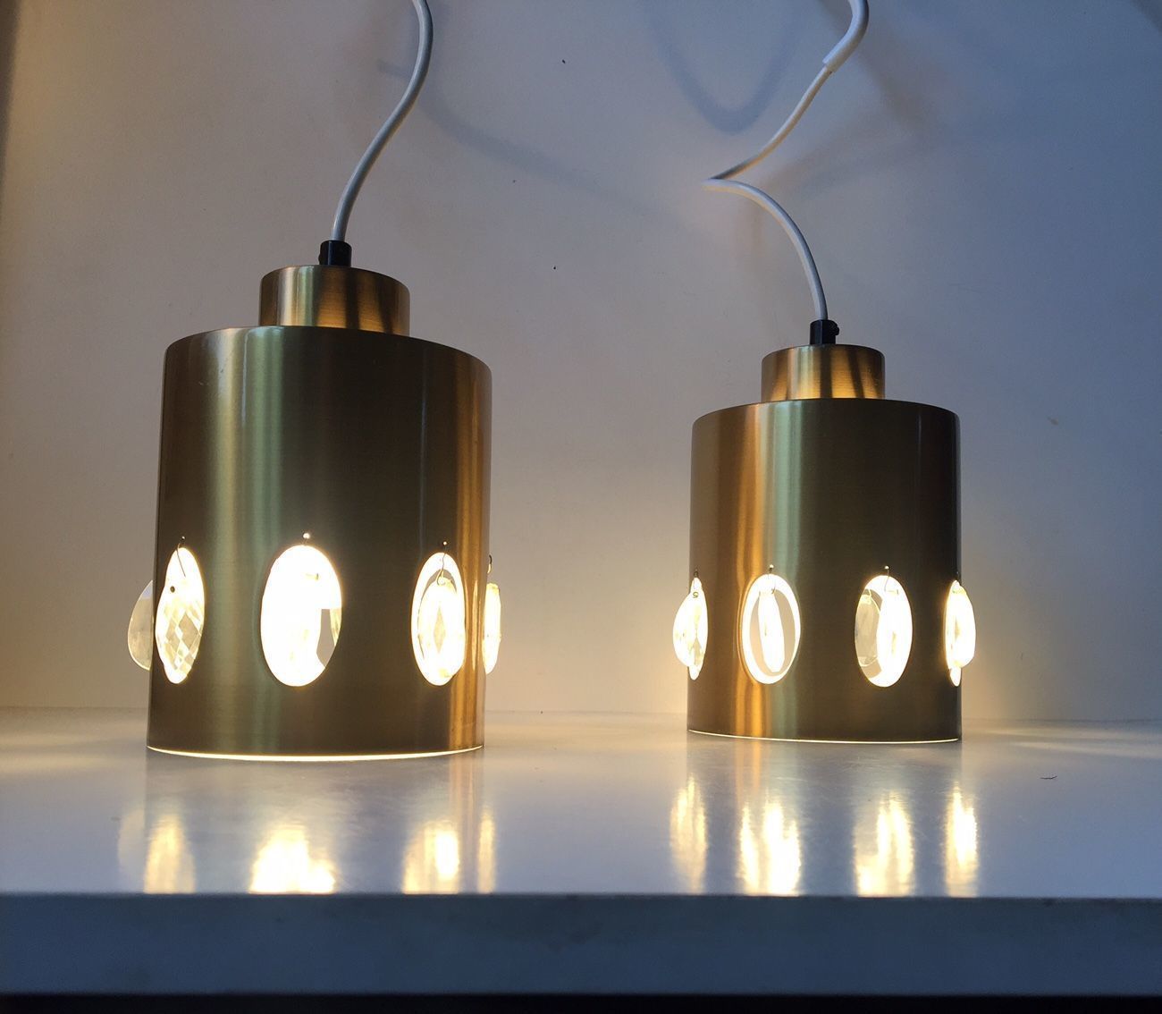 Danish Mid Century Brass And Crystal Pendant Lights From Vitrika, 1960s, Set Of 2 photo for sale