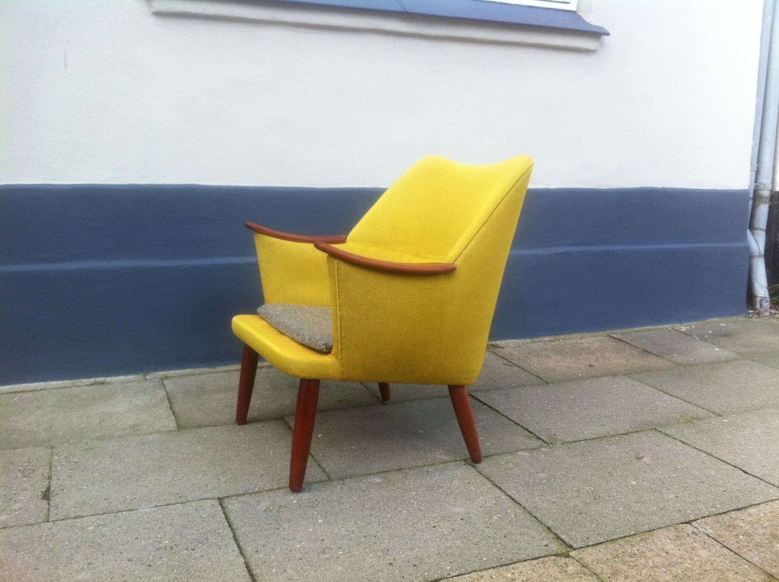 Danish Mid Century Modern Easy Chair In Yellow Wool With Teak Accents, 1950s photo furniture