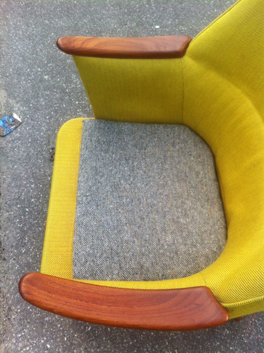 Danish Mid Century Modern Easy Chair In Yellow Wool With Teak Accents, 1950s photo Furniture