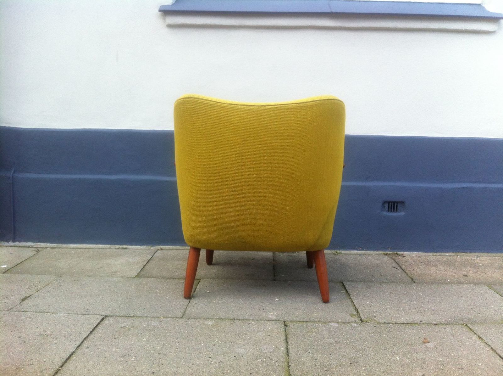 Danish Mid Century Modern Easy Chair In Yellow Wool With Teak Accents, 1950s photo vintage